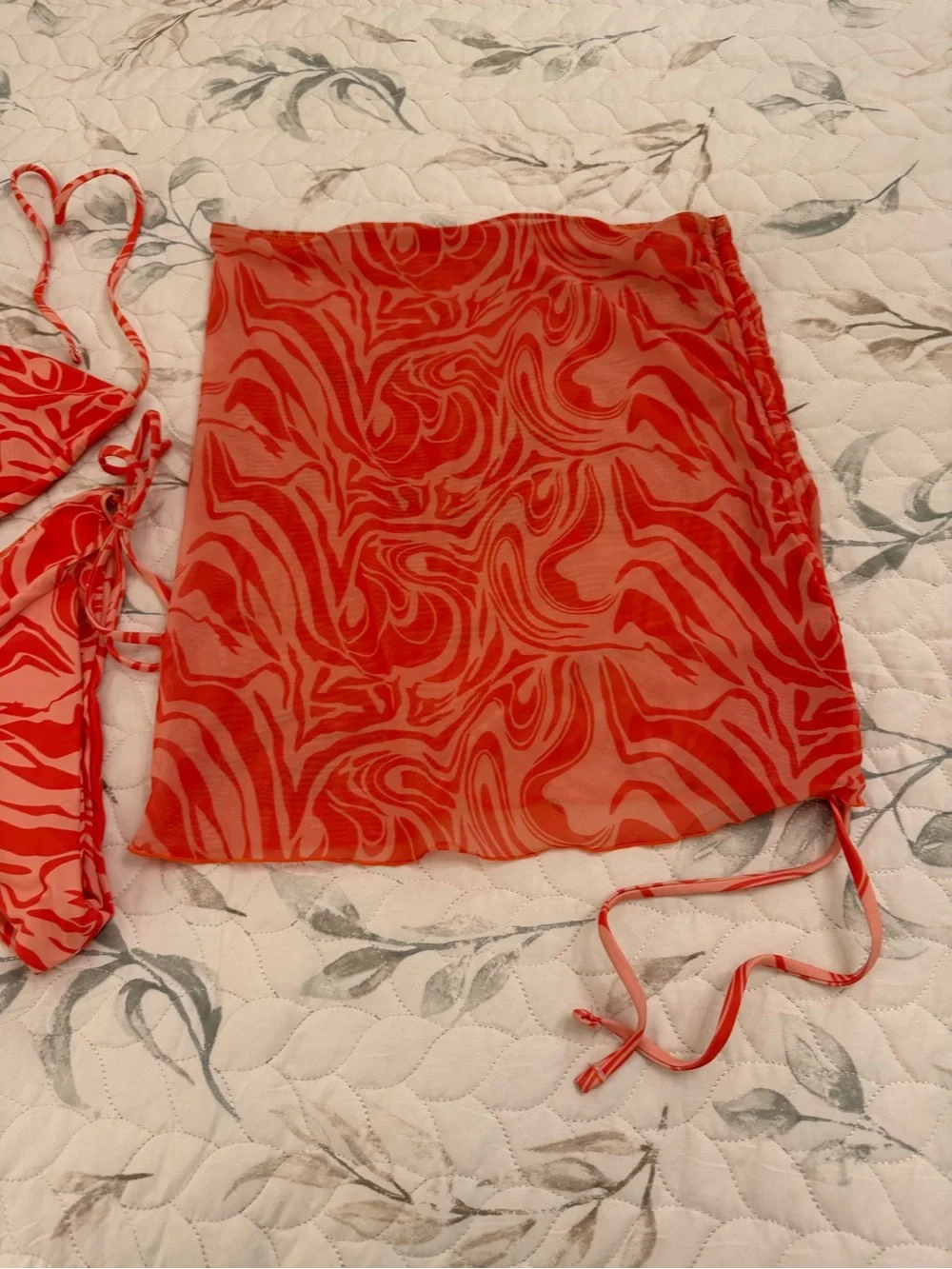 coral Swirl Mesh Bikini Top & Matching Skirt Set